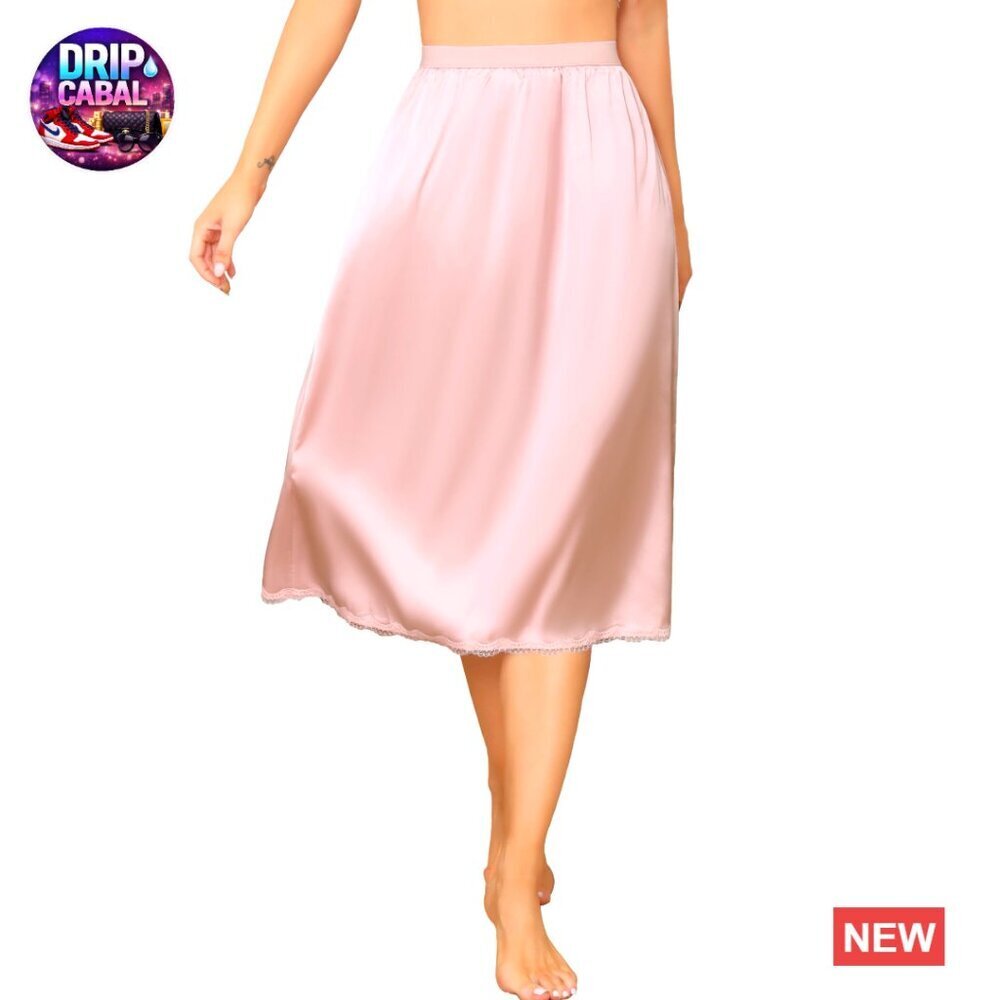 Satin Half Slip Elegant Lace Trim Under Dress Long Underskirt Soft Minimal Chic
